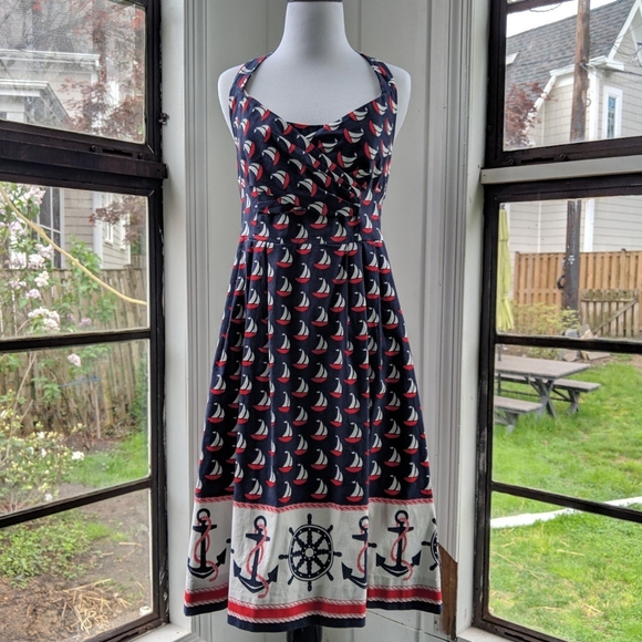Anthropologie Nautical Print Midi Dress - Navy and Red - Picture 1 of 4